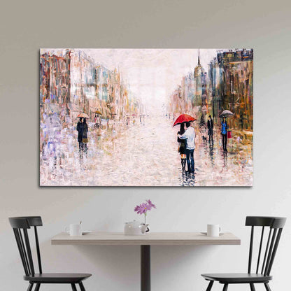 Red Couple Umbrella City Glass Wall Art