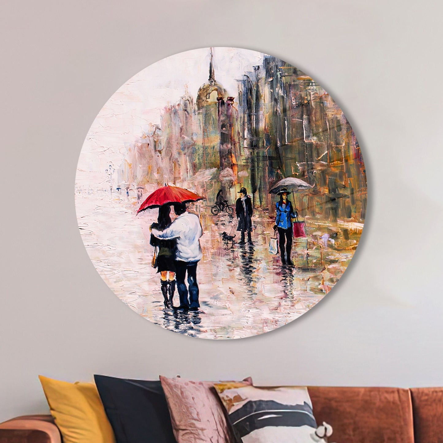 Red Couple Umbrella City Glass Wall Art