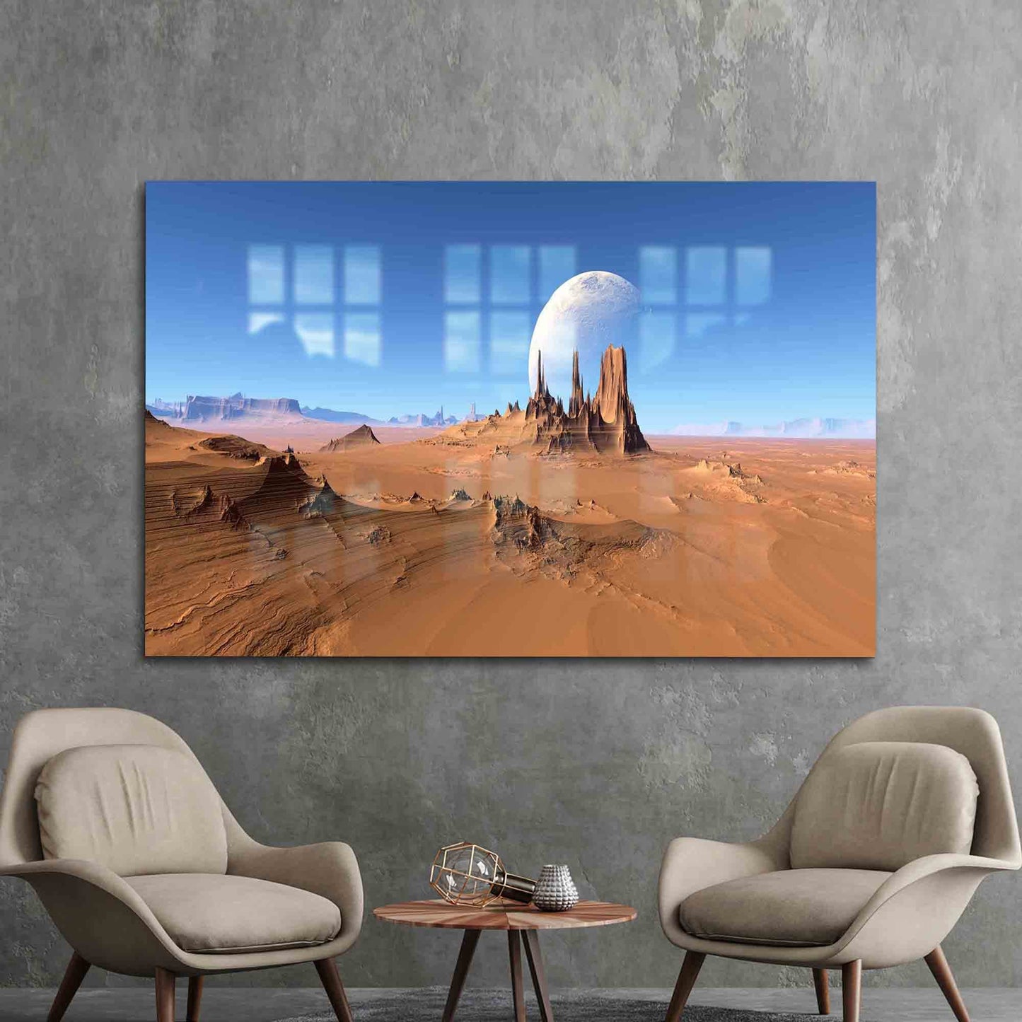 Abstract Moon Over Desert View Glass Wall Art, Glass Printing, Planet Landscape Decoration