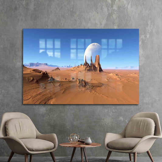 Abstract Moon Over Desert View Glass Wall Art, Glass Printing, Planet Landscape Decoration