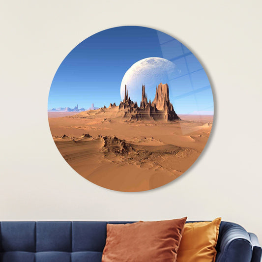 Abstract Moon Over Desert View Glass Wall Art, Glass Printing, Planet Landscape Decoration