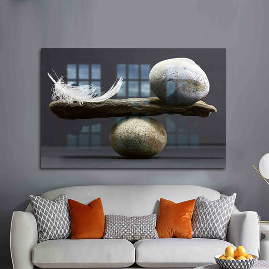Tempered Glass Wall Decor with Abstract Stone and Feather Mural Art