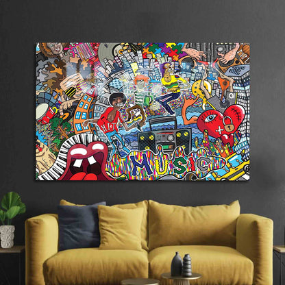 Colorful Graffiti Abstract Music Glass Wall Art
