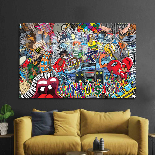 Colorful Graffiti Glass Wall Decor - Abstract Music Art in Tempered Glass