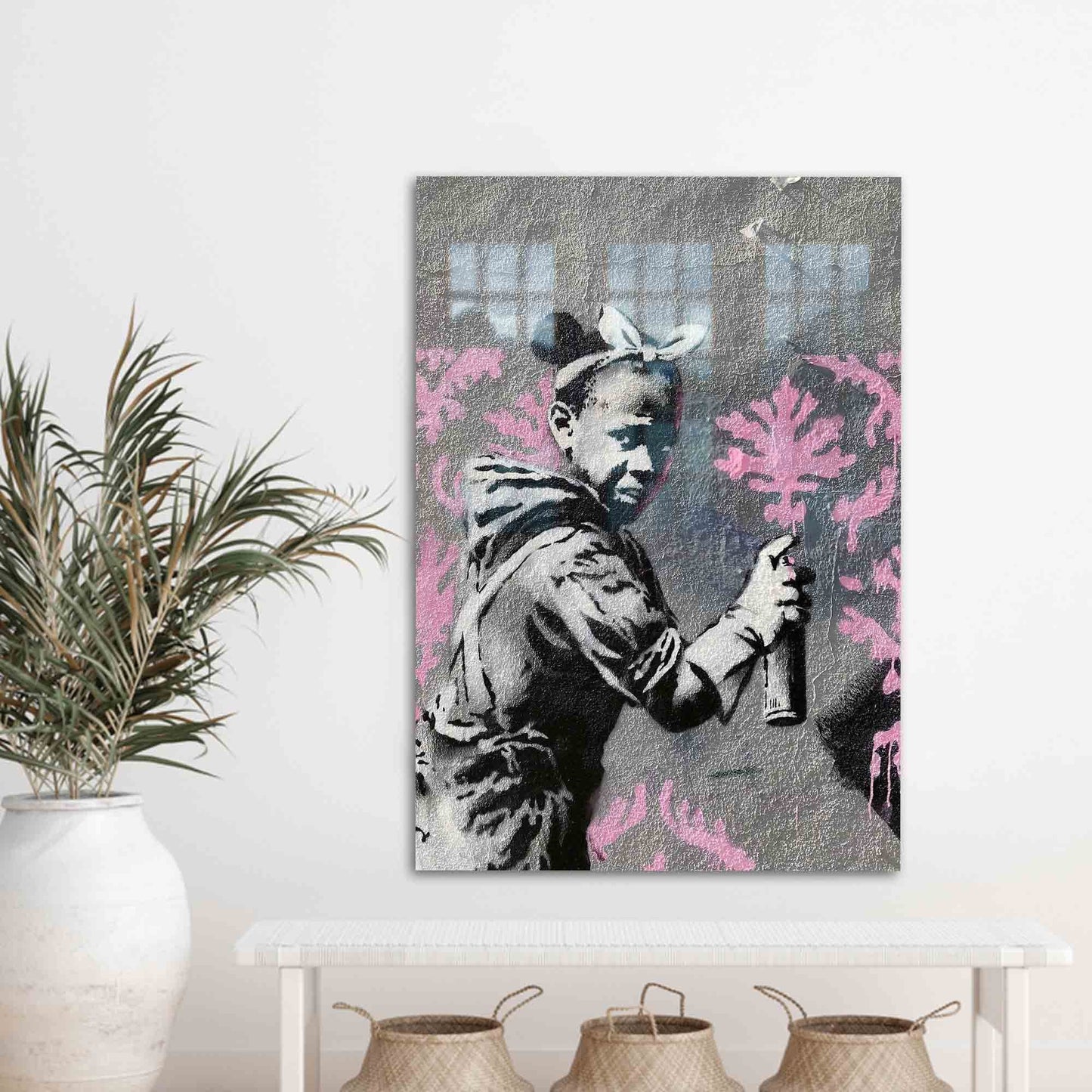 Gray Banksy Street Girl Glass Wall Art