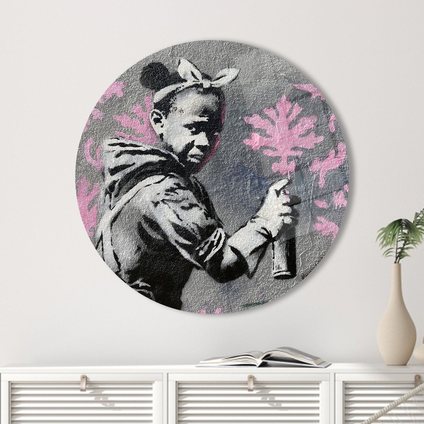 Gray Banksy Street Girl Glass Wall Art