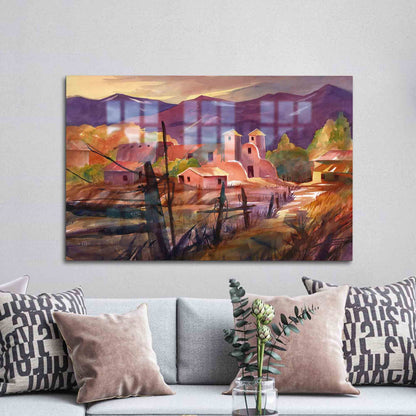 Mexican Village Landscape Mountain Glass Wall Art