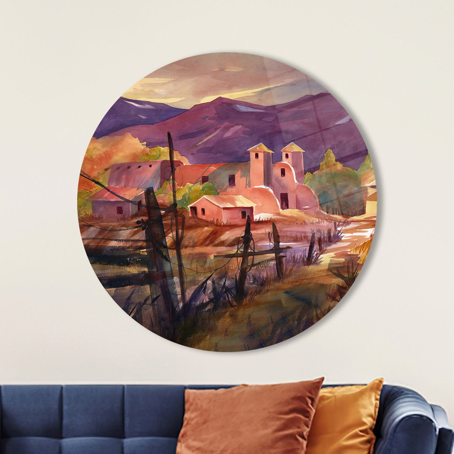 Mexican Village Landscape Mountain Glass Wall Art