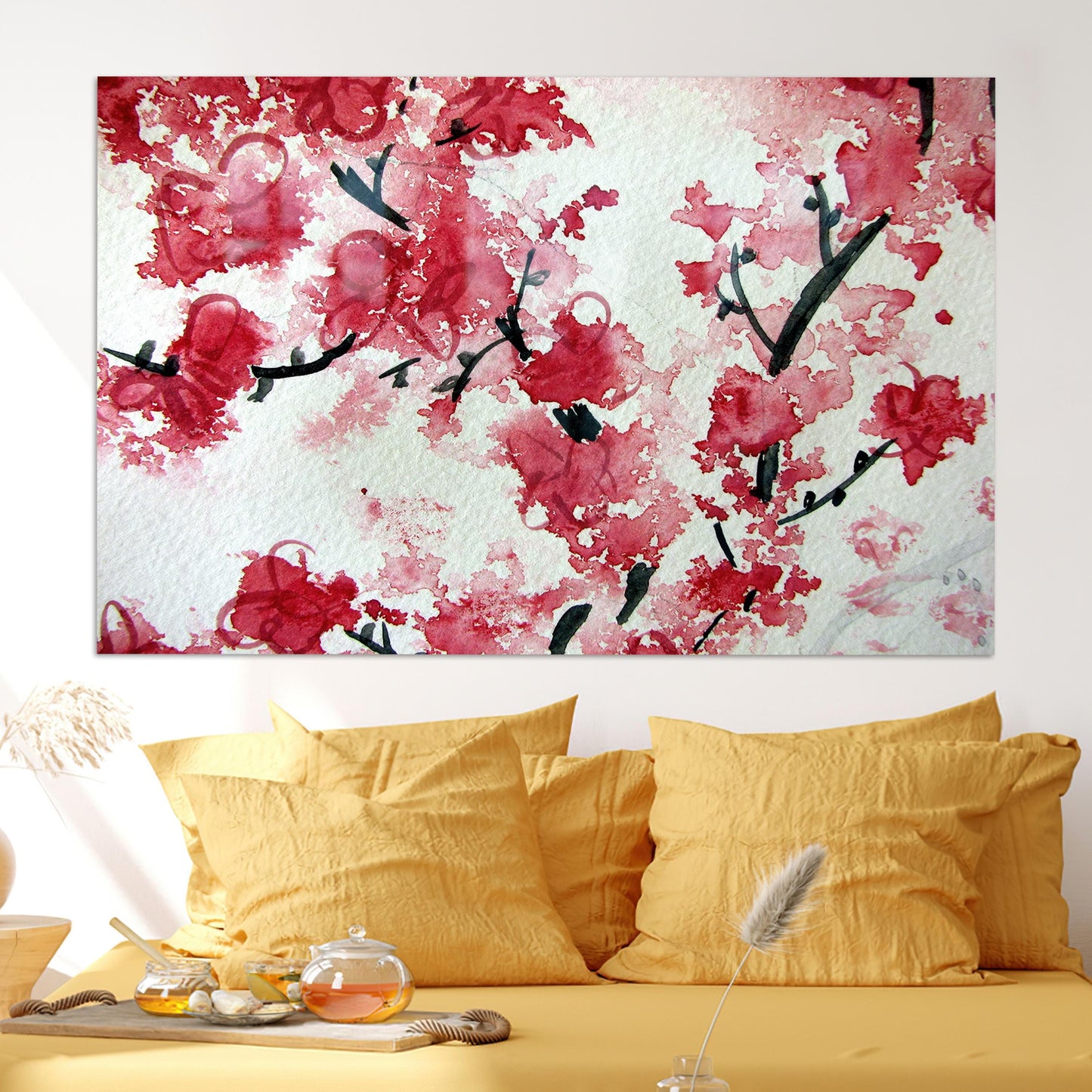 Floral Japanese Cherry Blossom Glass Wall Art