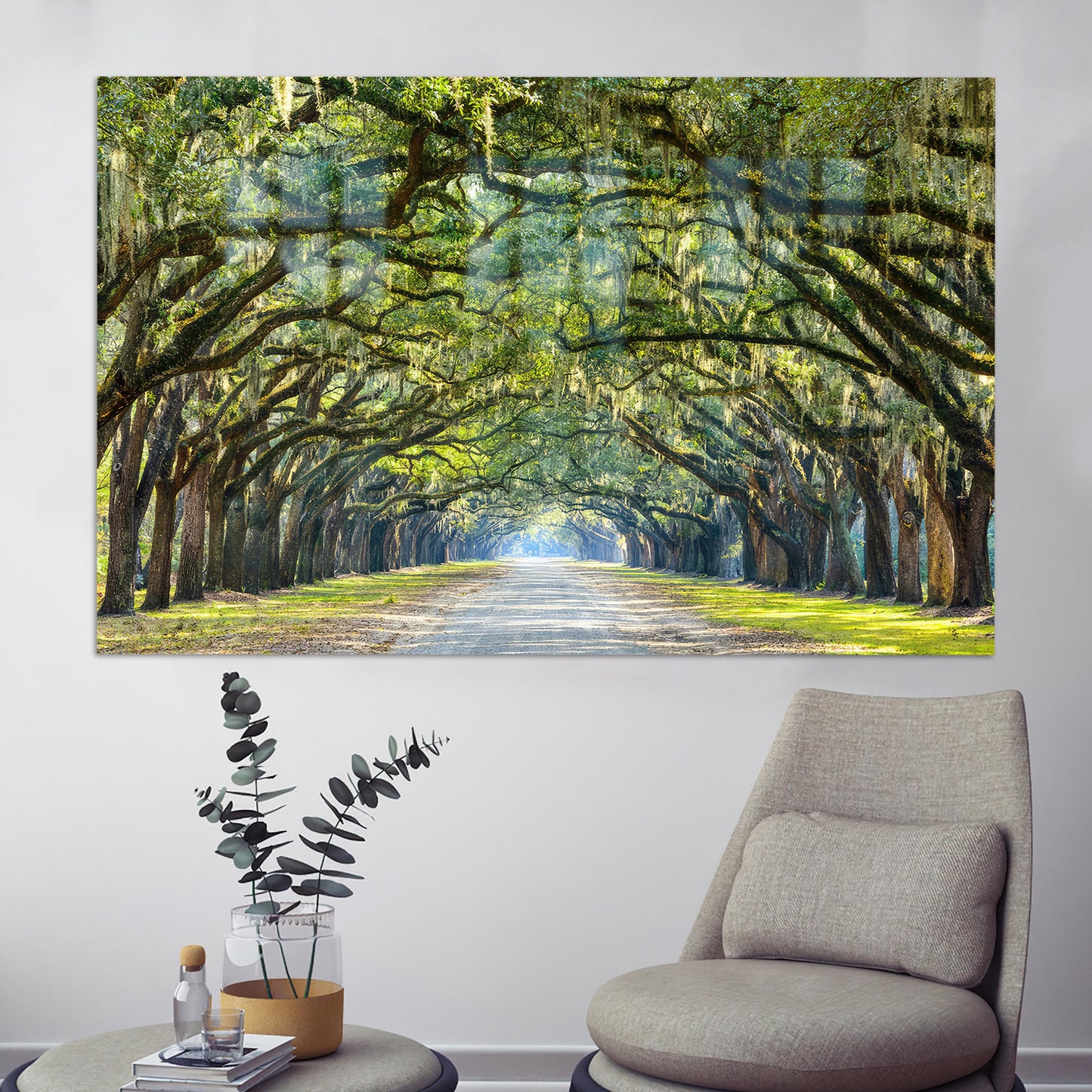 Stunning Line Oak Trees Glass Wall Art