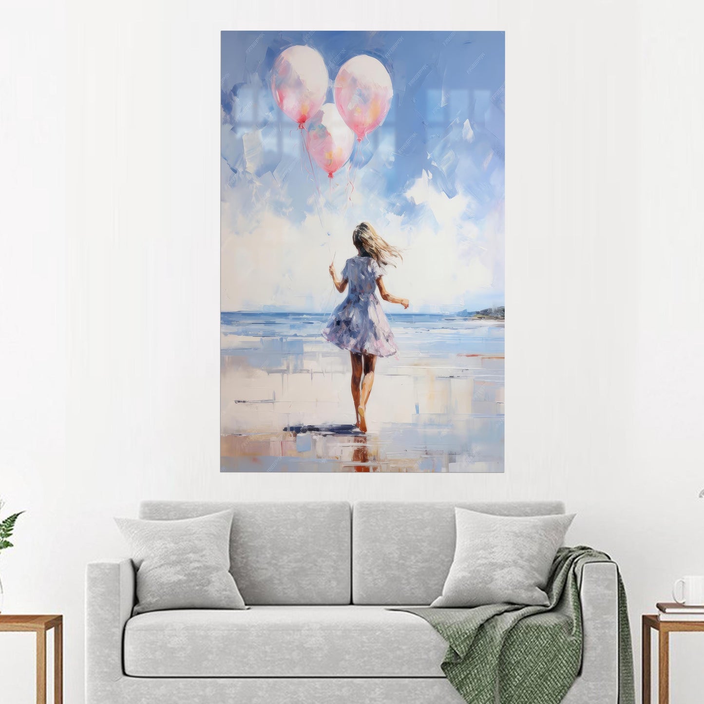 Blue Girl Pink Balloons Glass Wall Art
