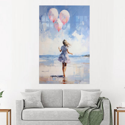 Blue Girl Pink Balloons Glass Wall Art