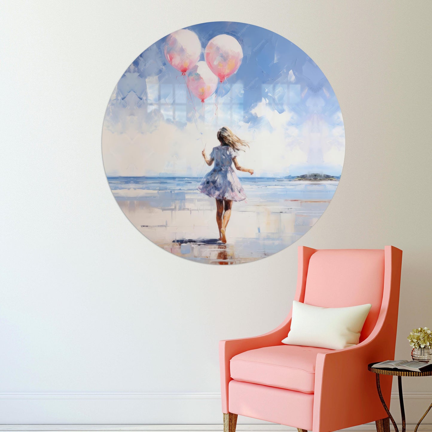Blue Girl Pink Balloons Glass Wall Art