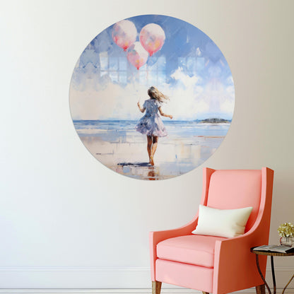 Blue Girl Pink Balloons Glass Wall Art