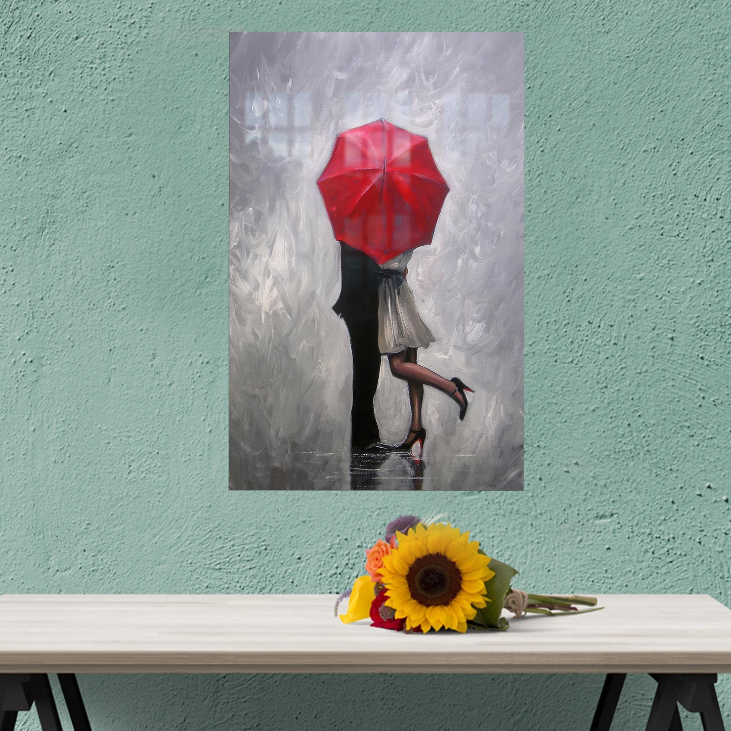 Romantic Couple Hugging Him Glass Wall Art