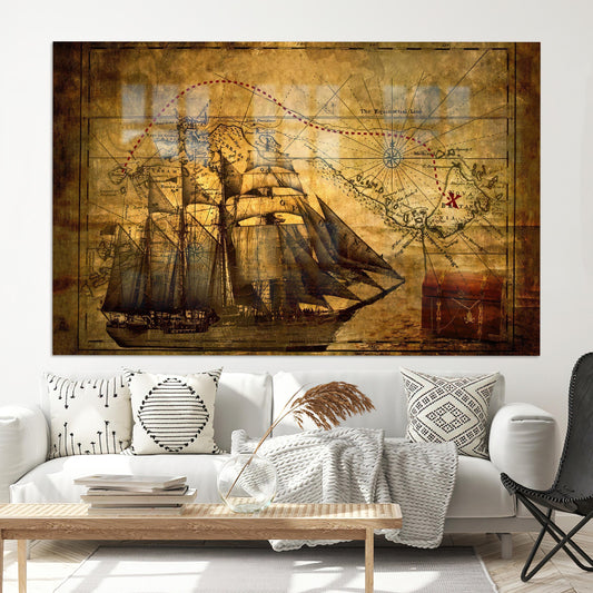 Vintage Pirates Treasure Map Tempered Glass Wall Art, Old Map Art Decor, Large Printable Wall Art