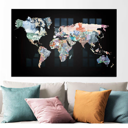 Black Money World Map Glass Wall Art