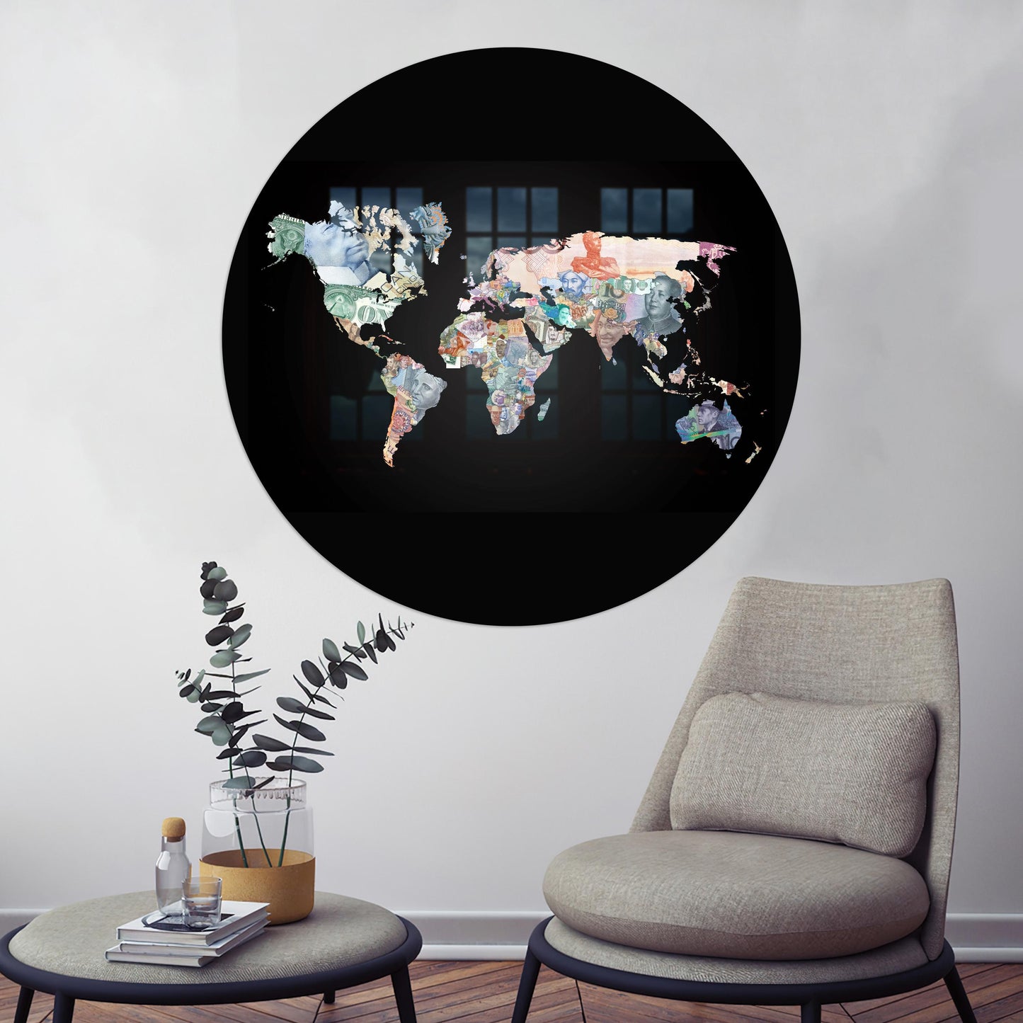 Black Money World Map Glass Wall Art