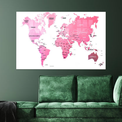 Pink World Map Office Glass Wall Art
