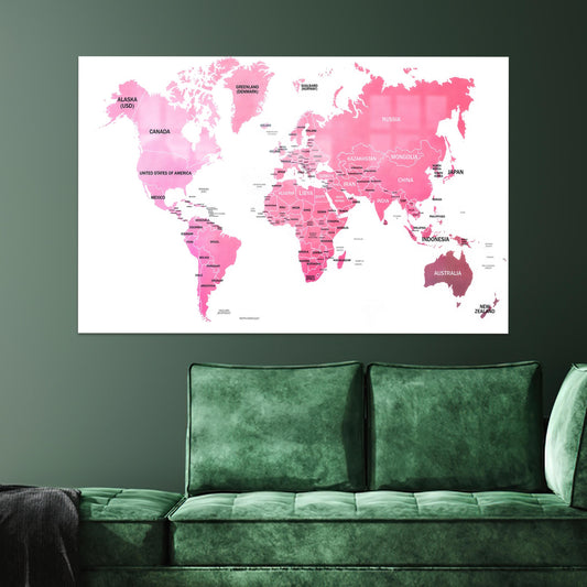 Large Pink Glass World Map Wall Art - Elegant Office Glass Decoration