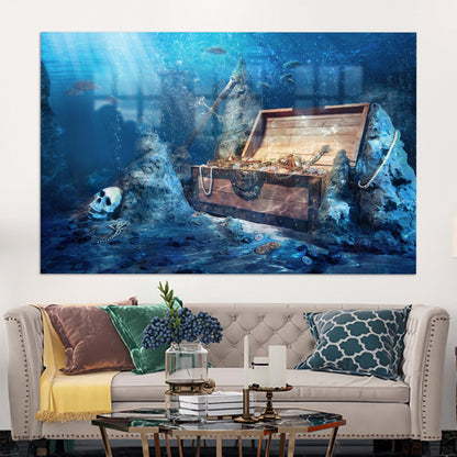 Blue Treasure Chest Underwater Glass Wall Art