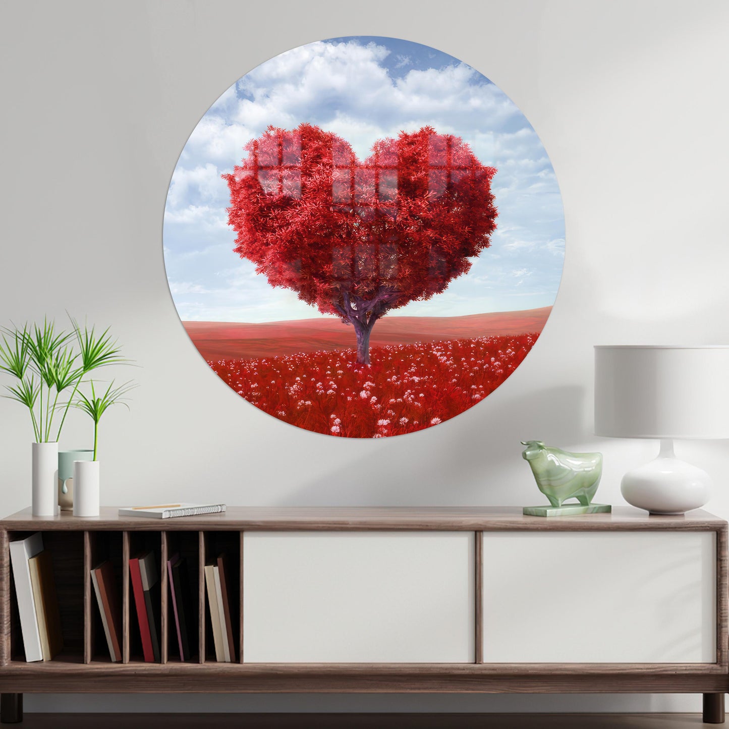 Red Heart Shaped Tree Glass Wall Art