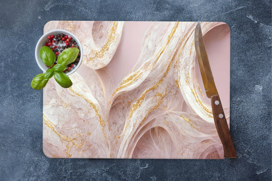 Pink Marble Tempered Glass Cutting Board with Gold Accent