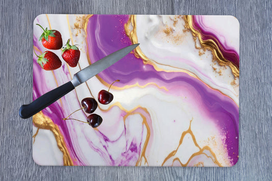 Gold Foil Tempered Glass Cutting Board with Purple Marble Design