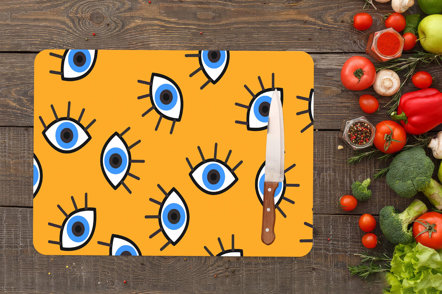 Yellow Evil Eye Design Glass Cutting Board