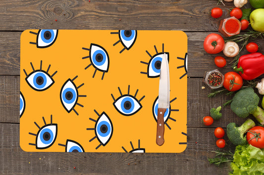 Tempered Glass Cutting Board: Yellow Evil Eye Design