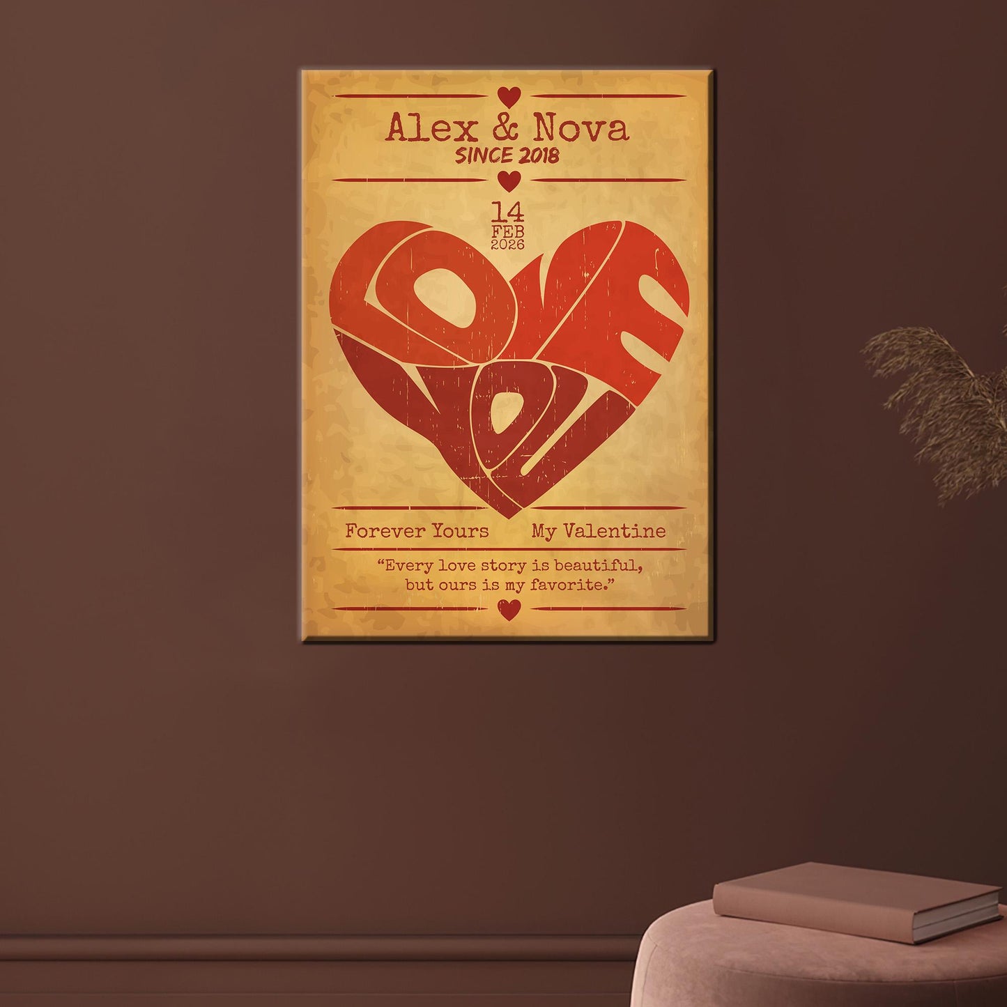 Personalized Vintage Love Heart Canvas Print, Custom Name Date Wall Art, Old Paper Style Valentine