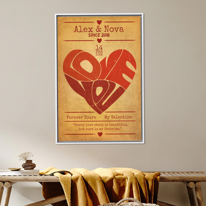 Personalized Vintage Love Heart Canvas Print, Custom Name Date Wall Art, Old Paper Style Valentine