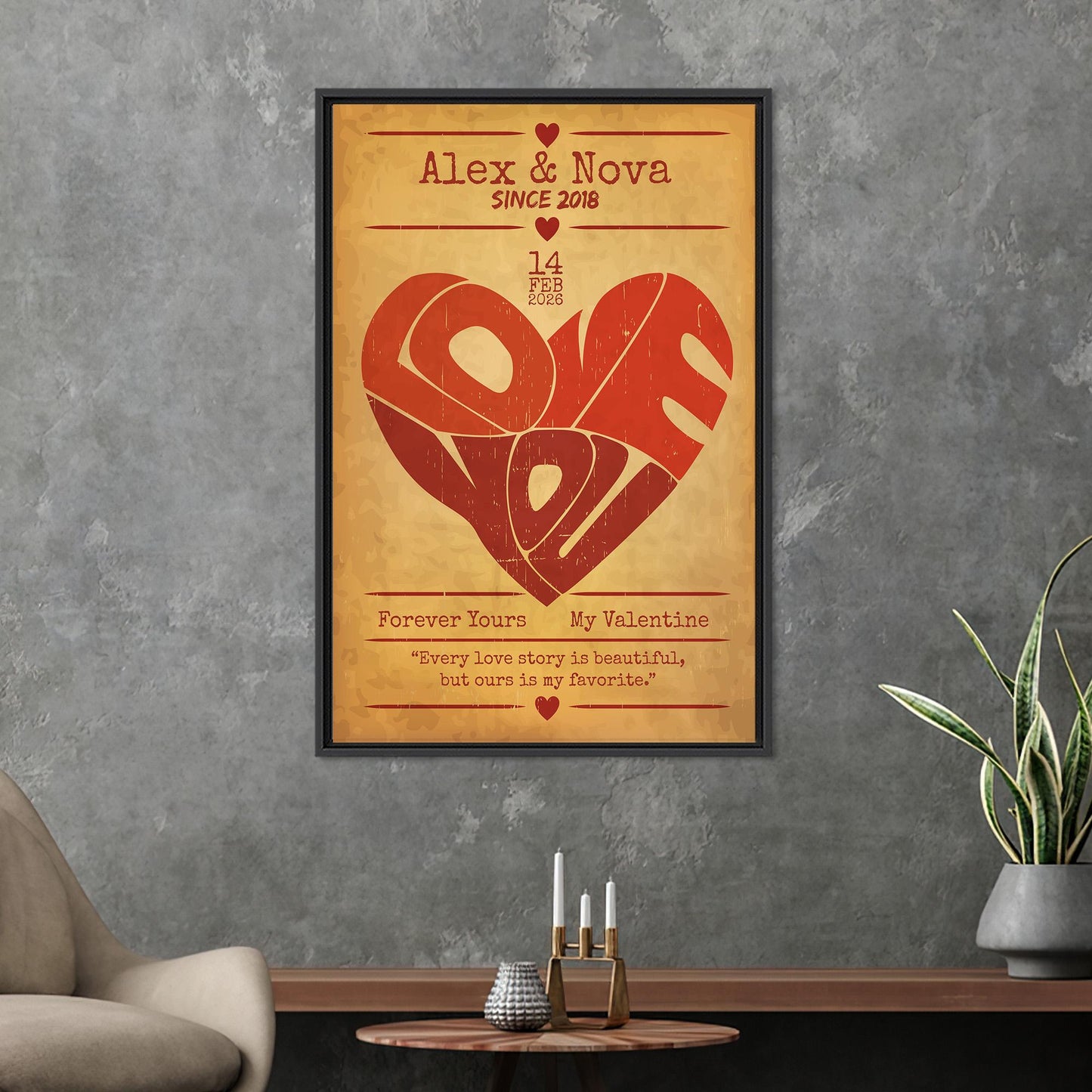 Personalized Vintage Love Heart Canvas Print, Custom Name Date Wall Art, Old Paper Style Valentine