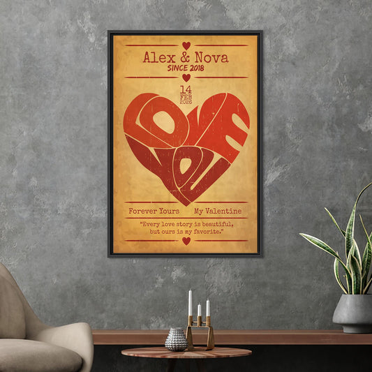Personalized Vintage Love Heart Canvas Print, Custom Name Date Wall Art, Old Paper Style Valentine