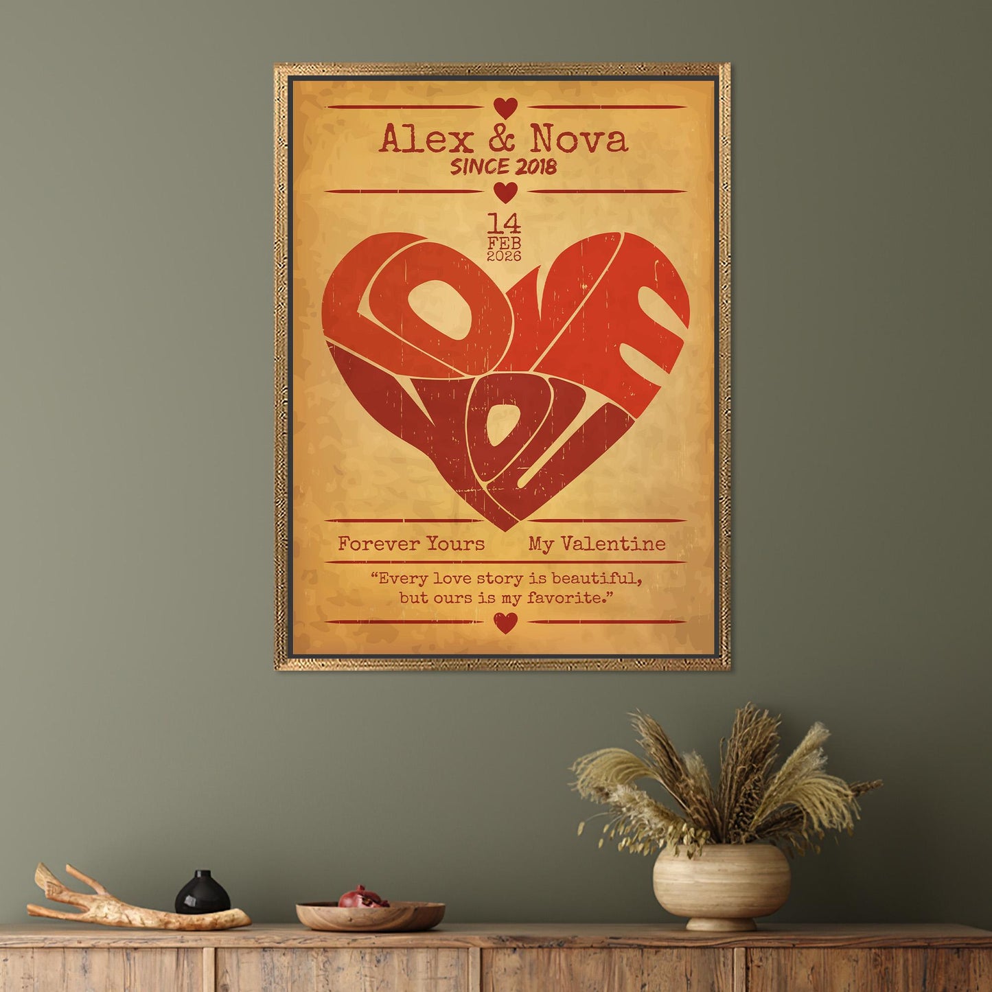 Personalized Vintage Love Heart Canvas Print, Custom Name Date Wall Art, Old Paper Style Valentine