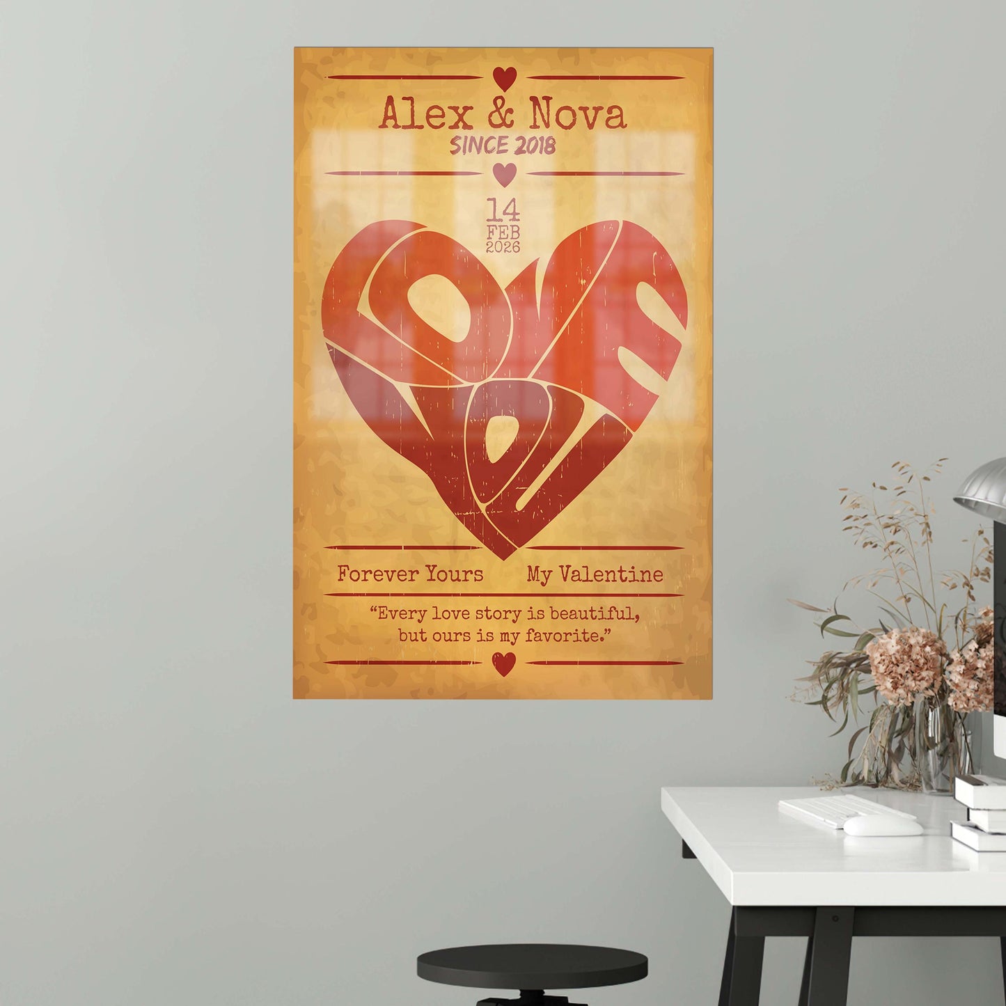 Personalized Vintage Love Heart Canvas Print, Custom Name Date Wall Art, Old Paper Style Valentine