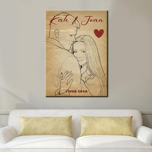 Valentines Day Canvas: Personalized Sketch Effect, Old Paper Style Love Gift for Couples, Custom