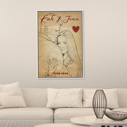 Valentines Day Canvas: Personalized Sketch Effect, Old Paper Style Love Gift for Couples, Custom
