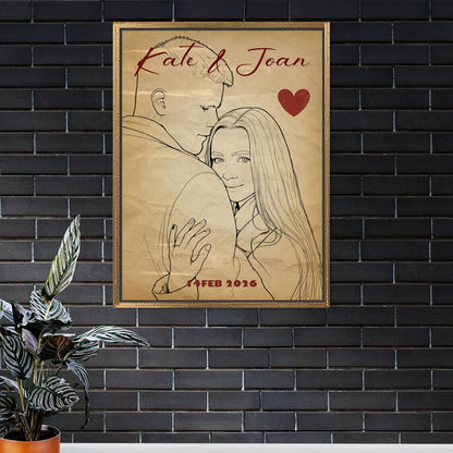 Valentines Day Canvas: Personalized Sketch Effect, Old Paper Style Love Gift for Couples, Custom