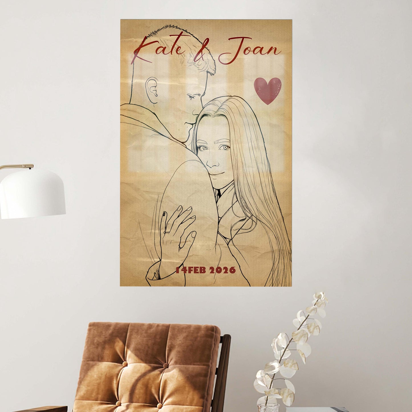 Valentines Day Canvas: Personalized Sketch Effect, Old Paper Style Love Gift for Couples, Custom