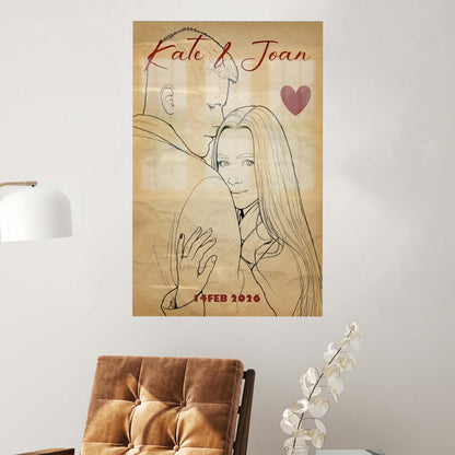 Valentines Day Canvas: Personalized Sketch Effect, Old Paper Style Love Gift for Couples, Custom