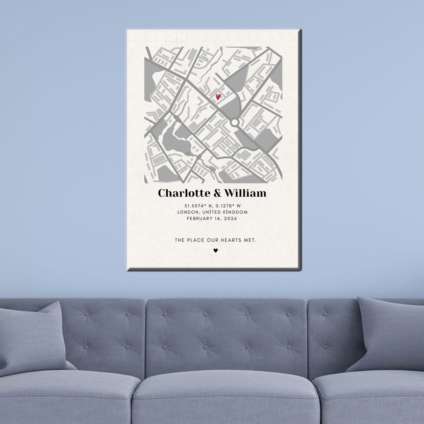 Modern Printed Canvas Wall Art: Personalized Map for Couples, Custom Valentine’s Day Gift