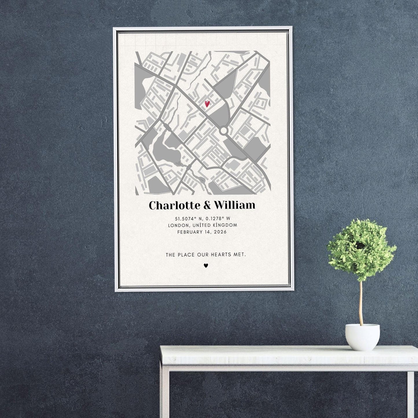 Modern Printed Canvas Wall Art: Personalized Map for Couples, Custom Valentine’s Day Gift