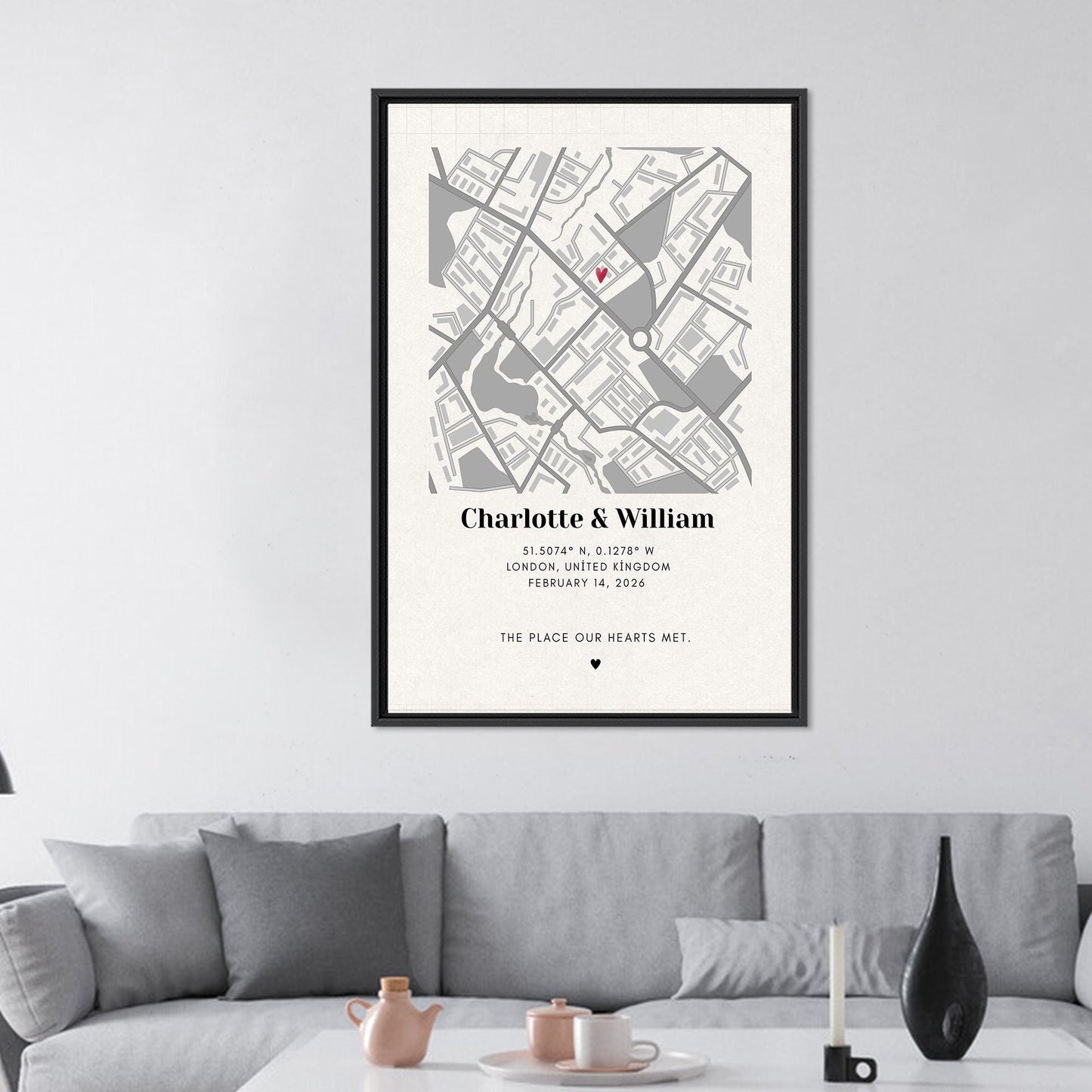 Modern Printed Canvas Wall Art: Personalized Map for Couples, Custom Valentine’s Day Gift