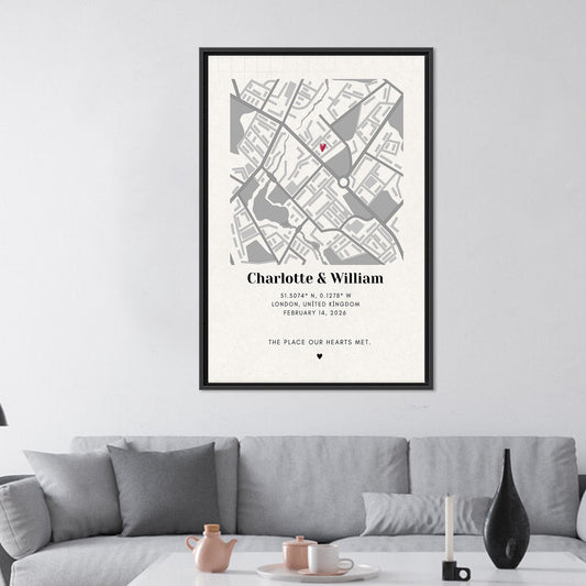 Modern Printed Canvas Wall Art: Personalized Map for Couples, Custom Valentine’s Day Gift