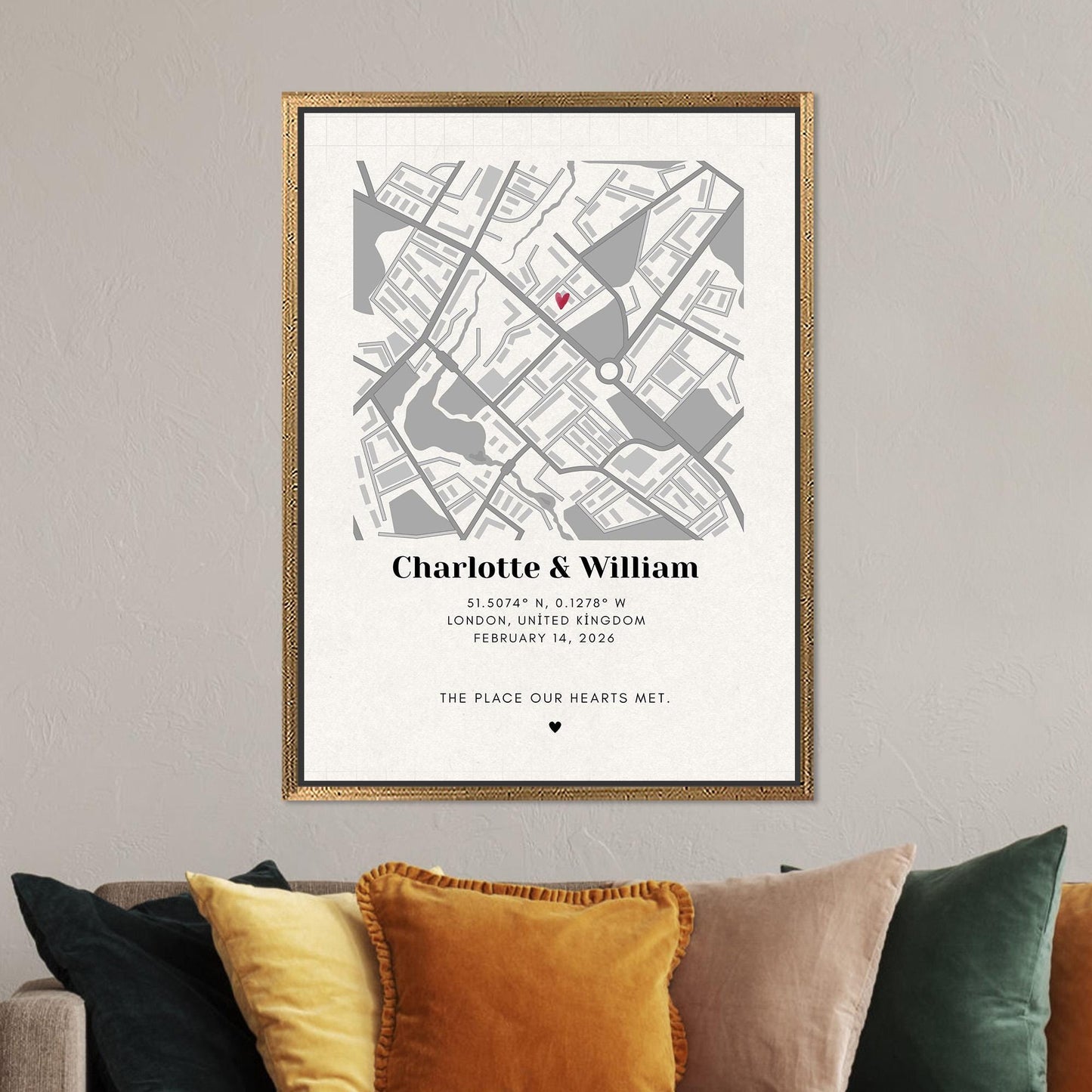 Modern Printed Canvas Wall Art: Personalized Map for Couples, Custom Valentine’s Day Gift