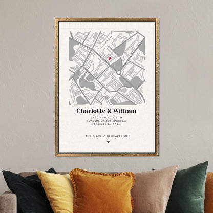 Modern Printed Canvas Wall Art: Personalized Map for Couples, Custom Valentine’s Day Gift