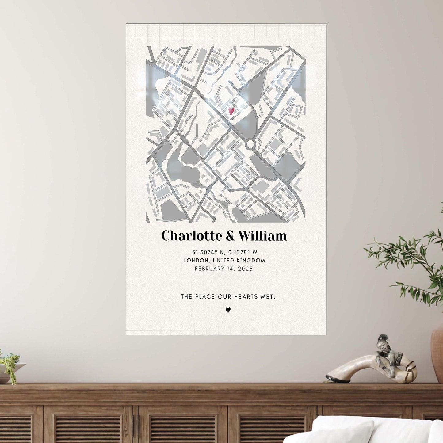Modern Printed Canvas Wall Art: Personalized Map for Couples, Custom Valentine’s Day Gift