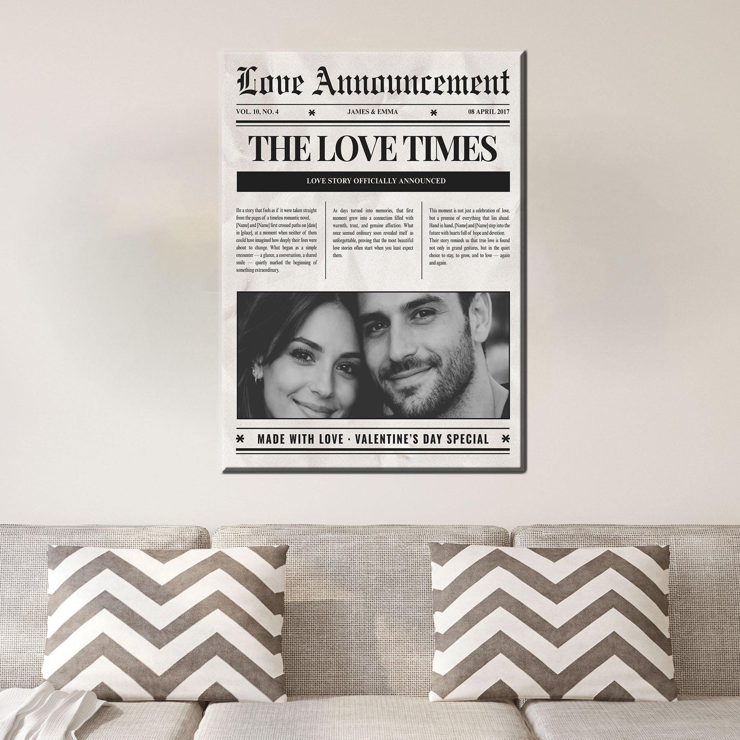 Personalized Love Newspaper Canvas Art: Custom Valentine’s Day Canvas Print for Couples
