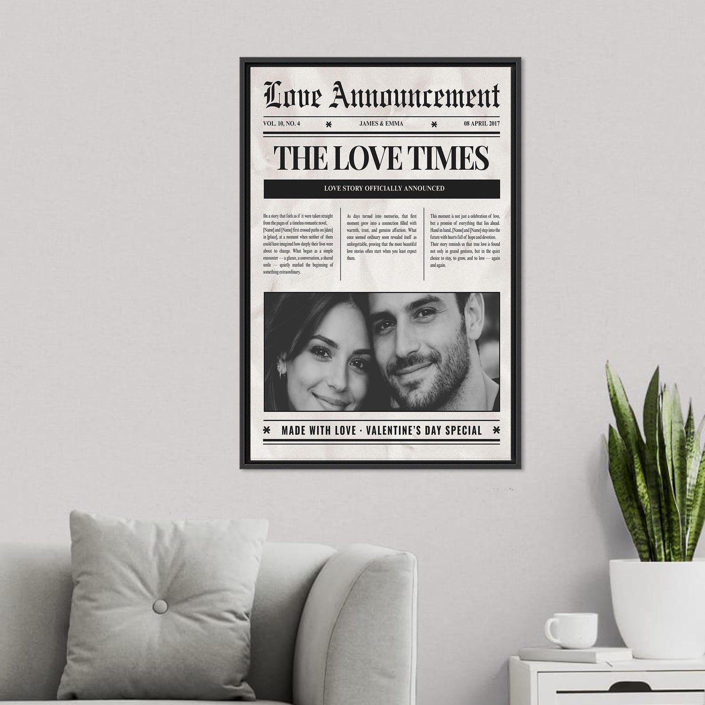 Personalized Love Newspaper Canvas Art: Custom Valentine’s Day Canvas Print for Couples